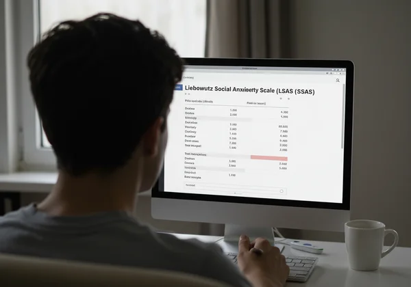 Persona revisando las puntuaciones de la evaluación de ansiedad social LSAS en una pantalla.