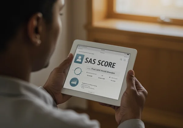 Person viewing LSAS score on a tablet, looking thoughtful.