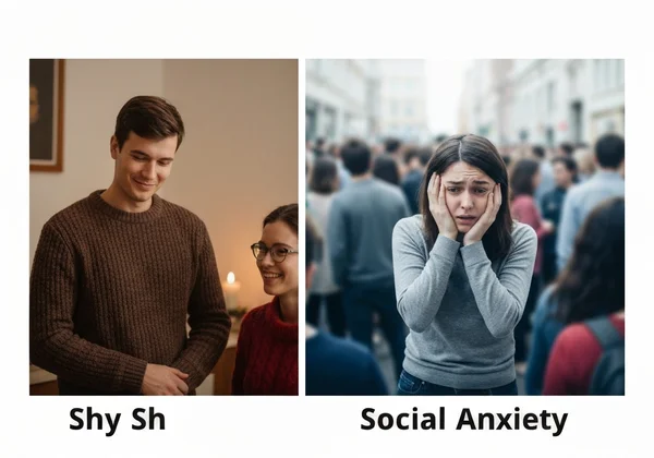 Two figures represent shyness and social anxiety contrast