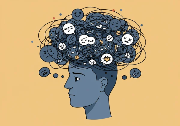 Overwhelmed person with swirling negative thoughts
