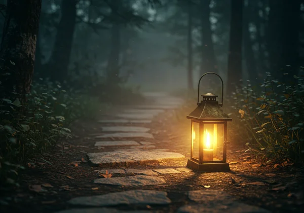 Warm lantern lighting the path